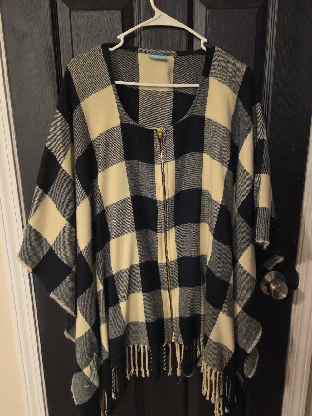 Women's Black and Cream Plaid Zip-Front Poncho Sweater